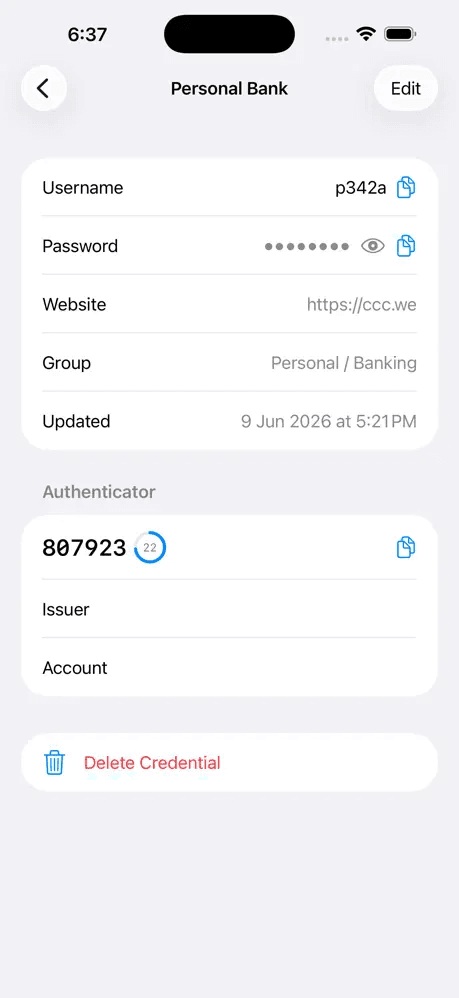 VPass showing a saved bank login with a live 2FA code counting down