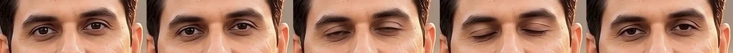 Five close-ups of the eyes: open, closing, shut, opening, open