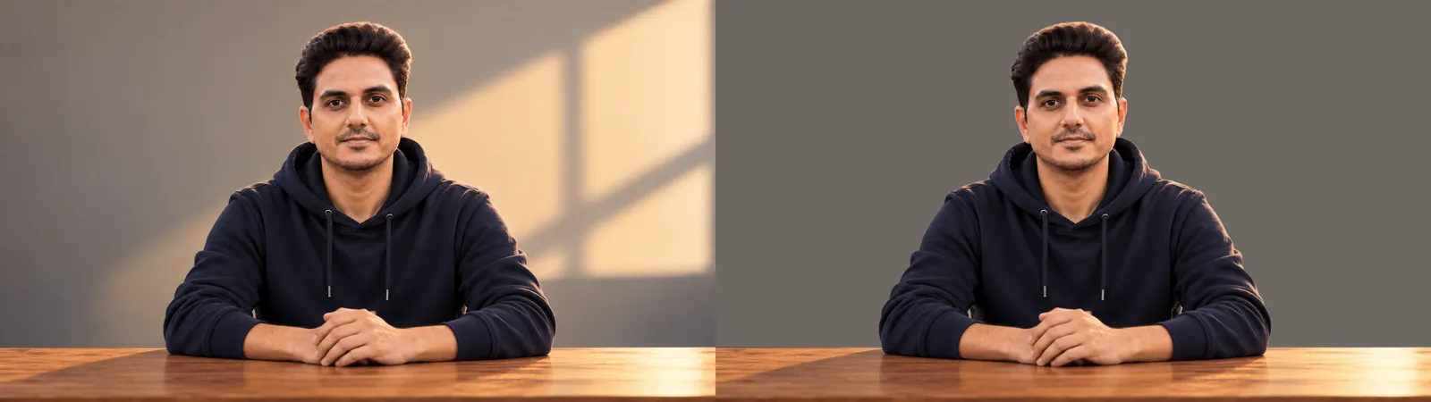 The original generated photo next to the cutout on a plain wall