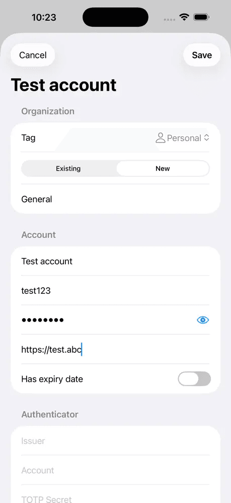 Adding a credential: tag, group, username, password, website and expiry