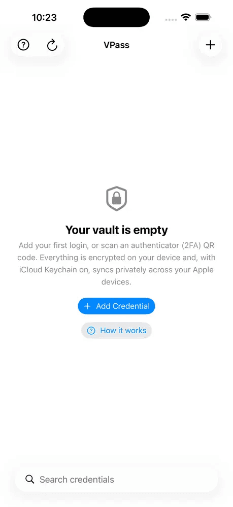 VPass with an empty vault, inviting you to add a login or scan a 2FA QR code