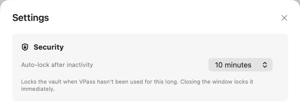 Mac settings: auto-lock after 10 minutes of inactivity; closing the window locks immediately