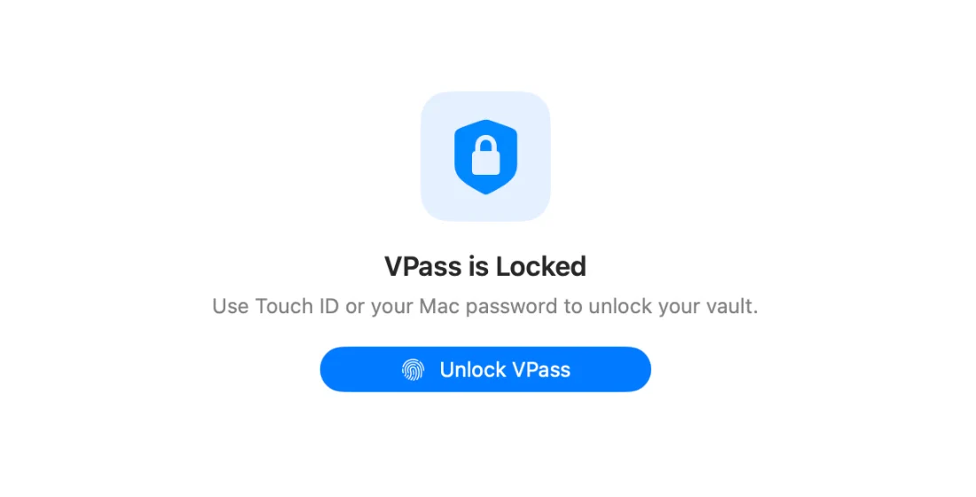 The Mac app's lock screen: VPass is Locked, use Touch ID or your Mac password