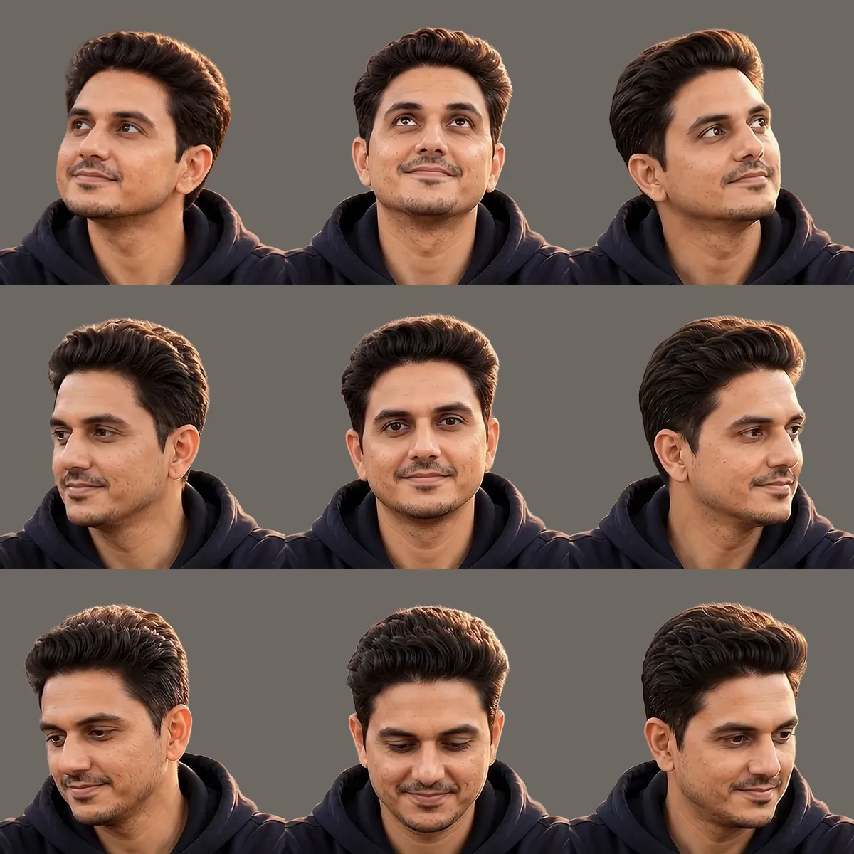Nine head poses in a grid: looking up-left, up, up-right, left, ahead, right, down-left, down and down-right