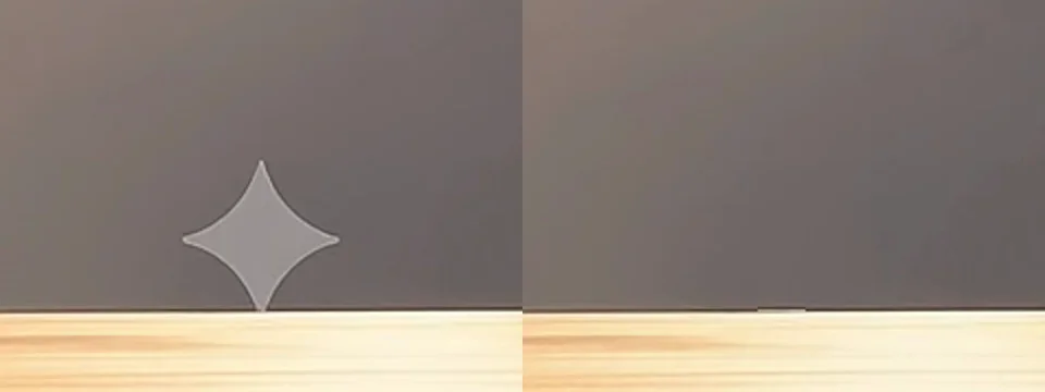 Close-up of the desk corner: the sparkle watermark before, and clean wall and desk after